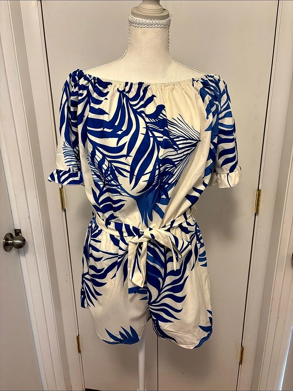 Blue & White Off Shoulder Romper Like New